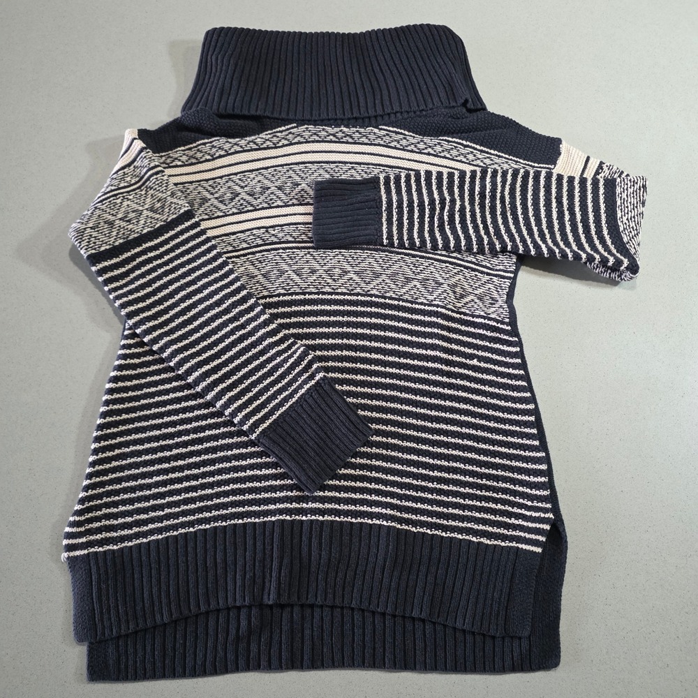 Navy Blue Cream Cowl Neck Fair Isle Striped Knit Sweater Womens Size M